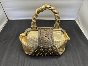 Vintage CEM Gold Woven Metallic Leather Braided Handle Studded Handbag Y2K Purse